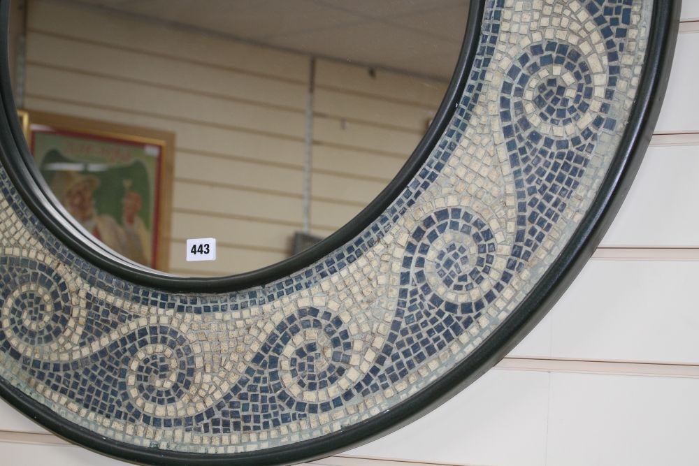 A circular mosaic framed wall mirror, overall diameter 94cm